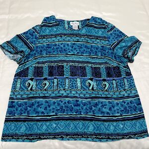 Blue Aztec Print Shirt Blouse Womens 24 W Short Sleeve Coastal Beach Summer